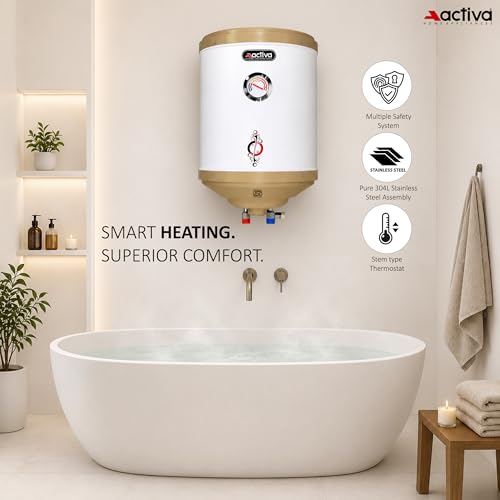 Image of Activa 15L Water Heater Geyser with Temperature Meter, 2 KVA ISI Cooper Element, 0.75mm Anti Rust Coated Tank, ABS Body, BEE 5 Start Rated, Adjustable Thermostat, Free Instalation Kit, 5 Year Warranty