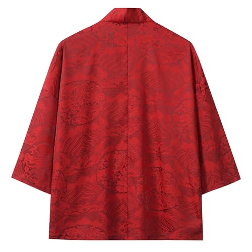 Image of Mens Japanese Kimono Cardigan Cotton Linen Haori Fashion 3 /4 Sleeve Yukata | Shawl Collar Kimono Jacket Robe Embroidery Patchwork Happi Coat Tie Pockets Lightweight Outerwear Daily Casual All Seasons