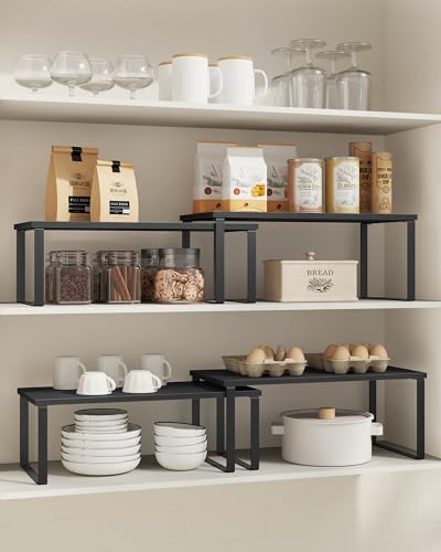 SONGMICS Gewürzregal, 4er Set, Küchenregal, Küchen-Organizer, erweiterbar, Gewürzhalter, stapelbar, mit Metallrahmen, 19,5 x 39,7 x 15,8 cm, tintenschwarz-ebenholzschwarz KCS028B01