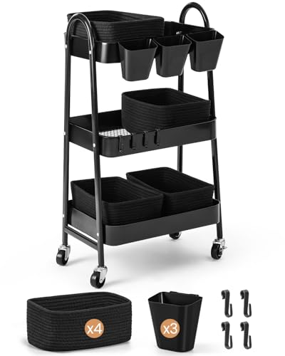 3-Tier Rolling Utility Cart with 4 Woven Baskets, Diaper Book Snack Cart, Storage Organizer for Nursery, Kitchen, Craft Room, Home SPA, Living Room, Metal Frame Trolley on Lockable Wheels, Black