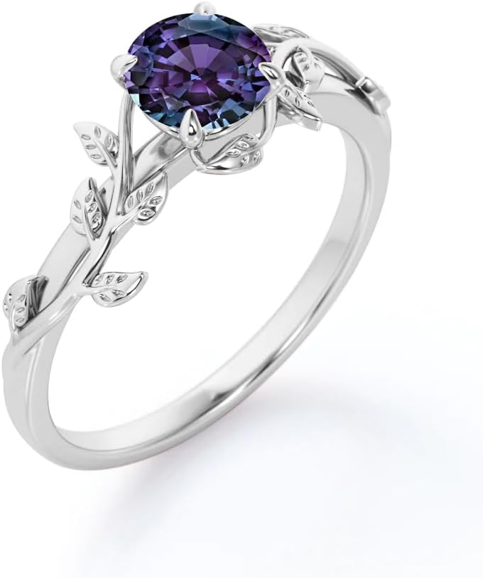 Floral Art Deco 1 Carat Round Cut Gemstone Rings for Women 925 Sterling Silver 10K 14K 18K Gold Leaf & Vine Statement Rings for Her