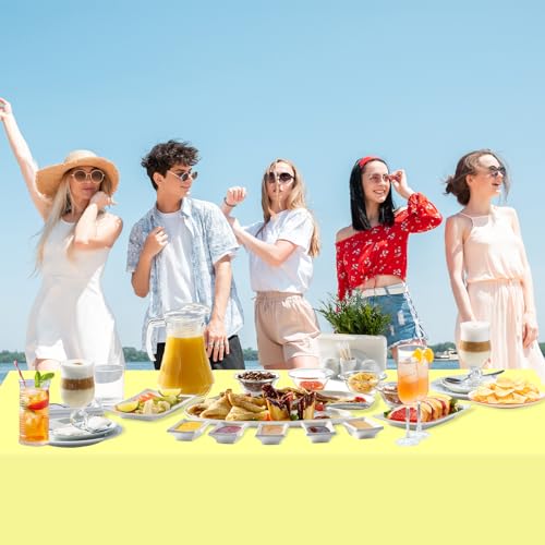 Image of WNINK 3 Pack Light Yellow Tablecloths, Yellow Disposable Plastic Waterproof Table Cover, 54 inch x 108 inch, for Birthday, Baby Shower,Wedding, Bridal Shower, Picnic Camping Parties