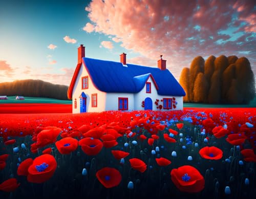 Paysage cottage fleur rouge affiche sur toile invitation à la sérénité