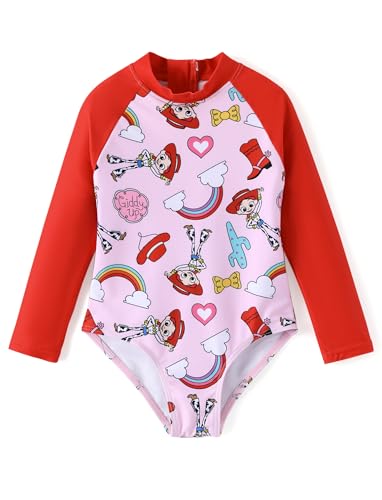Disney Toy Story Cowgirl Jessie Toddler Girls Swimsuits UPF 50+ One Piece Bathing Suits Red Long Sleeves Zipper Rashguard Swimwear for Summer Pool Party Little Girls Size 4-5 Years