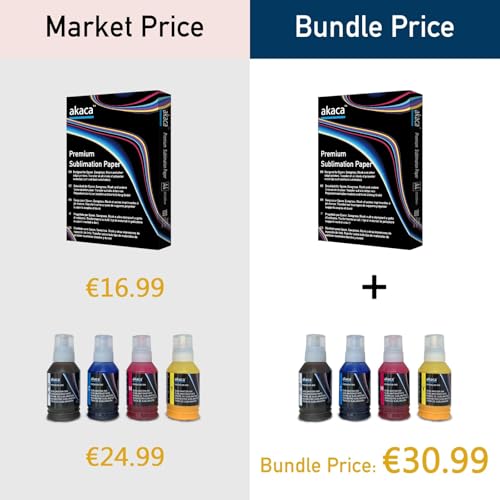 akaca Sublimationstinte (4 x 140ml) Satz von 100 Sublimationsblättern A4 210x297mm 125gsm Kompatibel mit Epson EcoTank Supertank Drucker ET-2720 ET-2760 ET-2800 WF7710 ET-2850