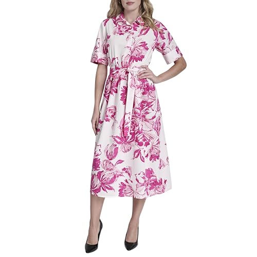 Image of DKNY Women's Short Sleeve Cotton Poplin Collared Midi Shirtdress
