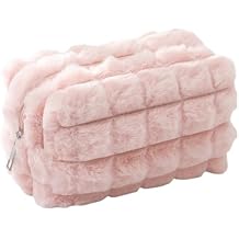 Cute Plush Makeup Bag Pink Rectangle Checkered Cosmetic Bag Small Portable Travel Makeup Pouches Polyester Plush Zipper Storage Organizer for Women Purse