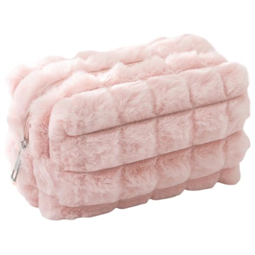 BEAMARKER Trousse de Maquillage Mignonne en Peluche Rose Rectangulaire à Carreaux Petite Trousse de Maquillage Portable de Voyage en Polyester avec Fermeture Éclair Organiseur de Rangement pour Stylos