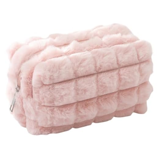BEAMARKER Niedliche Schminktasche Aus Plüsch Rosa Rechteckig Kariert Kosmetiktasche Klein Tragbar Reise Schminktasche Polyester Plüsch Reißverschluss Aufbewahrungs Organizer Für Damen