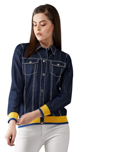 Image of Miss Chase Women's Polo Neck Full Sleeves Patch Pocket Denim Overcoat Knee-Length Jacket