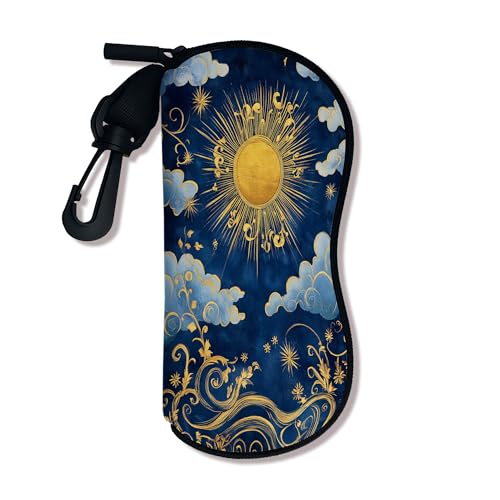 Celestial - Funda suave para gafas, diseño antiguo de sol y nubes, funda para gafas de sol de viaje con gancho de cremallera, almacenamiento portátil Neopre, Azul marino, 3x7 Inch