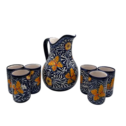Blue Monarch Talavera Pitcher Set | Mexican Ceramic Drinkware