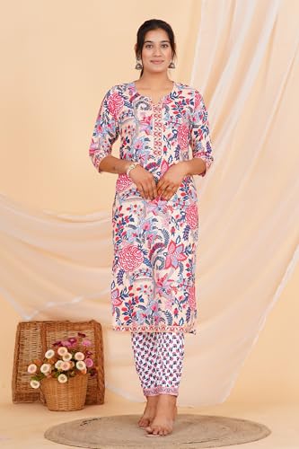 Image of Women's Printed Straight Kurta with Pant & Dupatta Set (Multicolor)