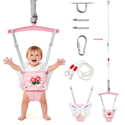 FUNLIO Baby Jumper with a Ceiling Hook for 6-24 Months Baby Door Jumper for Indoor/Outdoor Play Jumper Doorway with Adjustable Chain Easy to Assemble & Store (with a Ceiling Hook) - Pink Butterfly