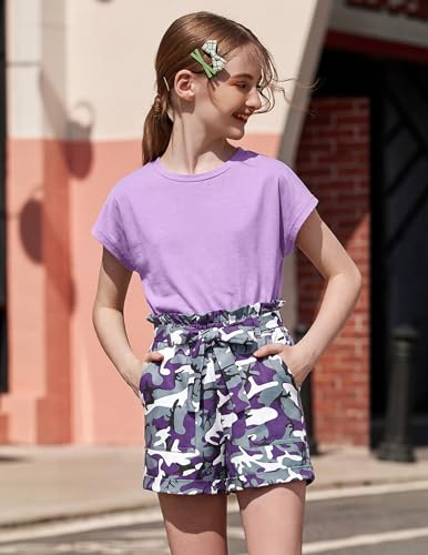 Image of Arshiner Girls 2 Piece Outfit Summer Drop Shoulder Batwing Sleeve Tops and Paperbag Waist Shorts Set Cute Clothing Size 6-14