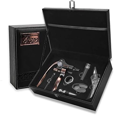 Wine Opener Corkscrew Set, OBALY 7 Pieces Wine Bottle Accessories Gift Kit, Screwpull Wine Opener, Wine Stopper, Pourer, Foil Cutter and Extra Screw In Deluxe Leather Box