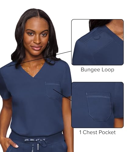 Image of Med Couture Women's V-Neck Scrub Top, Modern Fit Tuck-in Top with Stretchy Rib-Knit Shoulders and Chest Pocket - MC7448