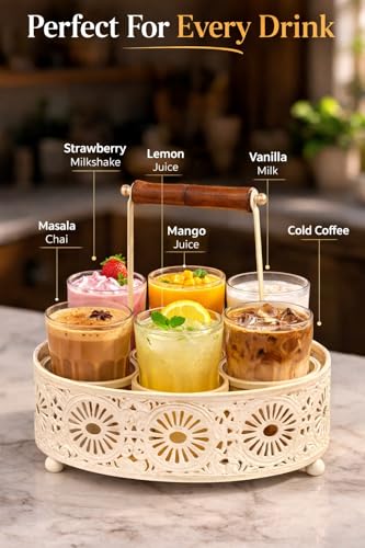 Image of Tapri Style Cutting Chai Glass Set of 6 with Heavy Metal Stand | Desi Cutting Tea Glasses for Home & Cafe | Premium Tapri Tea Cups for Kitchen, Office Pantry, Restaurants & Gifting