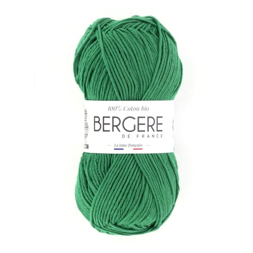 Bergère de France - 100% COTON BIO pelote de laine à tricoter et crochet (50g) – 100% Coton biologique - 3 mm - Fabrication Française - Fil rond pour l’été - Vert (Gazon)