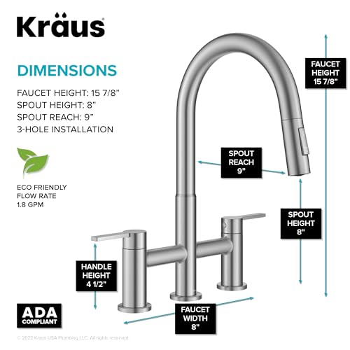Image of KRAUS Oletto Bridge Kitchen Faucet with Pull-Down Sprayhead in Spot-Free Stainless Steel, KPF-3122SFS