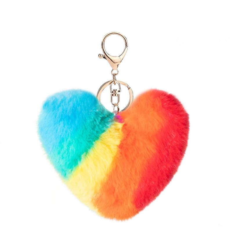 NICIFOAM Artificial Faux Rabbit Fur Keychain Fluffy Heart Plush Ball Pom Charm Key Chain Cute Car Key Decor Purse Handbag for Women Rainbow