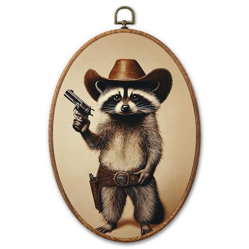 AYQJCBGC Vintage Western Oval Framed Wall Art, Funny Raccoon