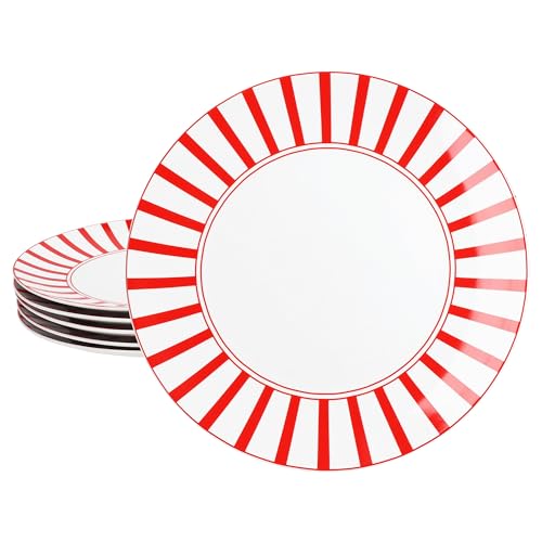 MamboCat Split Lot de 6 assiettes plates rouges I Ø 27 cm I Assiettes plates en porcelaine avec rayures pour 6 personnes I Grandes assiettes pour repas principaux, barbecue, etc