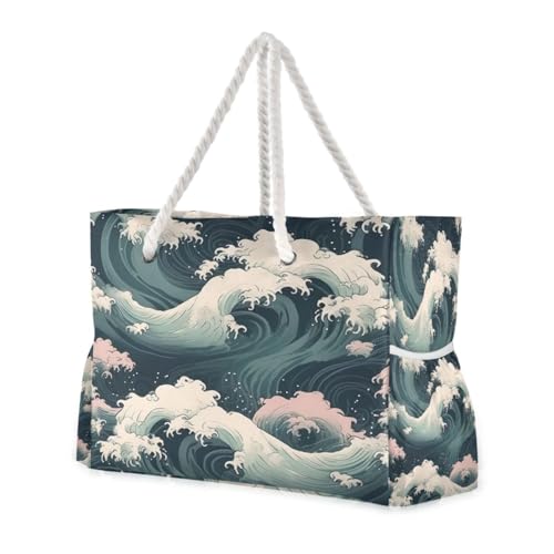 ATTX The Great Wave Beach Bags for Women - Large Beach Bags with Zipper Waterproof Sandproof Swim Pool Bag Large Tote#31