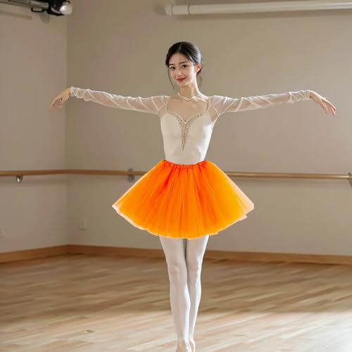 Tüllrock Orange Tüllrock Damen Klassisch Elastisch 3 Lagig Tütü Damen Faschingskostüme 80er Rock Tütü Puffy Ballettrock Petticoat für Erwachsene Halloween Mottoparty Fasching Cosplay Karneval Kostüm