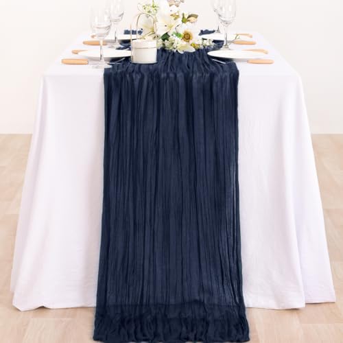 Image of MLMC Navy Table Runner 10ft Rustic Summer Cheesecloth Table Runner Gauze Cheese Cloth Centerpiece Decororations 35x120 Inches for Wedding Baby Shower Outdoor Picninc Decor