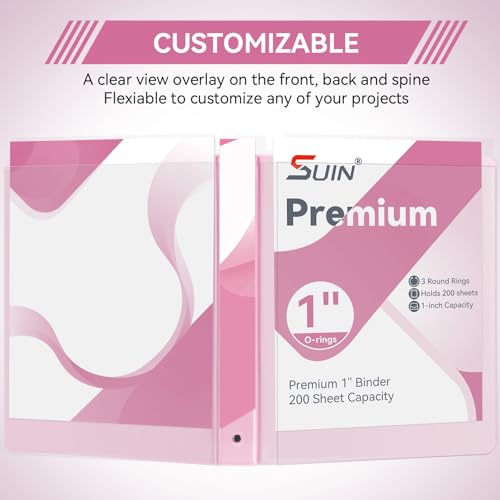 Image of SUIN 1 Inch 3 Ring Binder, Clear 1'' View Presentation Binders with 2 Pockets, Fits 8.5 x 11 Letter Size, Durable Polypropylene, Non-Stick & PVC-Free for School, Office & Home (Pastel Pink)