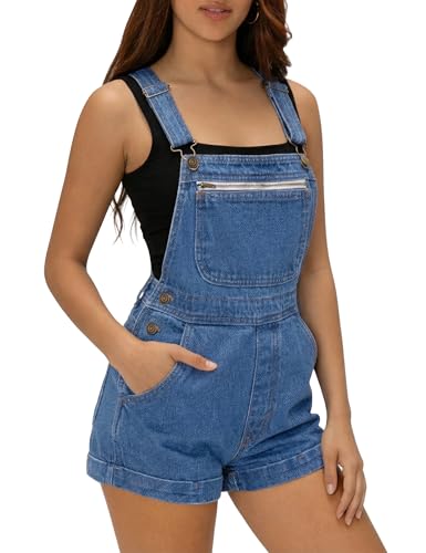 POLITI Denim Overall Shorts for Women, Adjustable Straps Bib Stretchy Jean Shortalls with Zipper Pockets Summer Casual