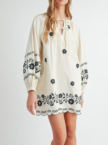 Image of Joiemont Womens Embroidered Long Sleeve Mini Dress Loose Fit Vintage Embroidery Dress with Double Neckline Self Tie