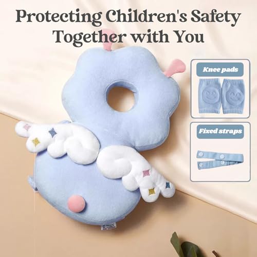 Image of Baby Head Protector Backpack, Toddler Baby Head Protection Backpack with Baby Knee Pads Alarm Function for Walking & Crawling, Soft, Breathable and Wearing Safety Baby Head Protector - Blue Fairy