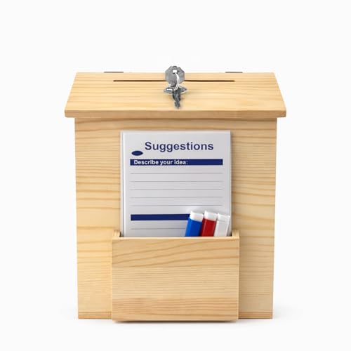 Dyserbuy Suggestion Box Wooden Suggestion Box Lockable with 3 Pens 50 Suggestion Cards and 2 Keys Donation Boxes for Charity Supermarkets Schools Hospitals Communities and Homes 8.6 x 6.8 x 10