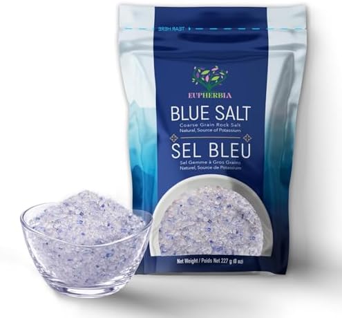 EUPHERBIA Blue Salt, Coarse, Rare Mineral Salt, High Potassium, Lower Sodium, Natural, Unprocessed, Hand Harvested, Kosher Certified, 227g (8 Oz)