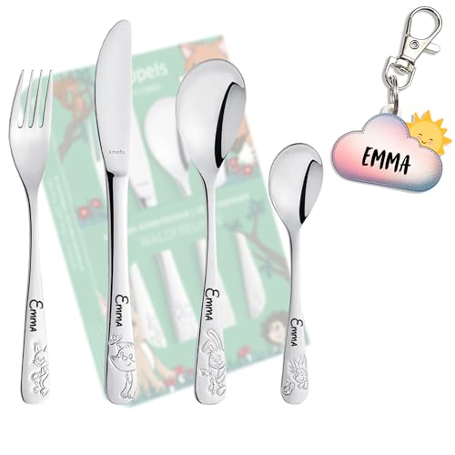Kinderbesteck 'Waldfreunde' mit Namen und gratis Namensanhänger als Geschenk/dauerhafte Lasergravur - 4-teilig/Made in Germany