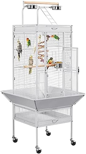 Yaheetech 61-inch Wrought Iron Play Top Large Cockatiel Parrot Bird Cages Aviary with Stand for Cockatiels Sun Parakeet Conures Lovebird Budgie Finch African Grey White Bird Cage Birdcage