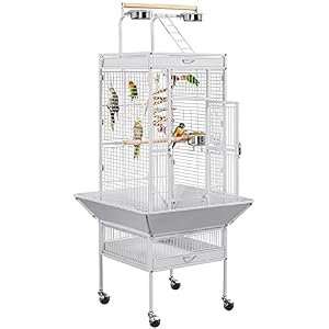 Yaheetech Wrought Iron Bird Cages, Play Top Large Aviary with Stand for Cockatiel Parrot Sun Parakeet Conures Lovebird Budgie Finch African Grey White, 61-inch