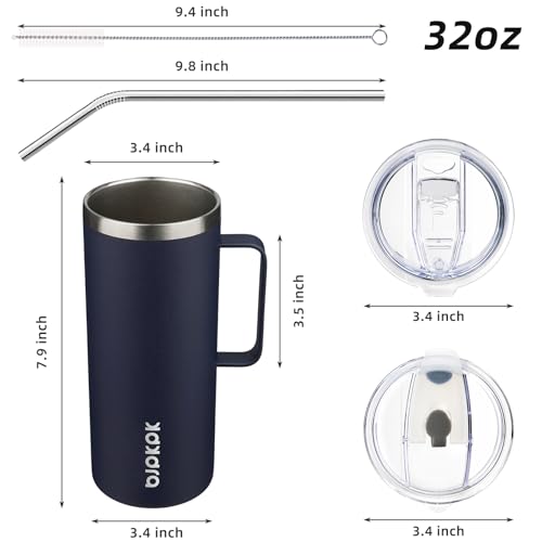 Image of BJPKPK 32oz Insulated Coffee Mug with Handle, Stainless Steel Travel Mug | Keeps Drinks Hot & Cold, Double Wall Vacuum, 2 Lids Included, BPA-Free Coffee Tumbler for Home, Office & Travel