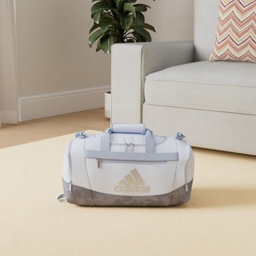 Image of adidas Unisex Defender 4 Small Duffel Bag, Blue Dawn /Stone Wash Grey /Silver Metallic, One Size