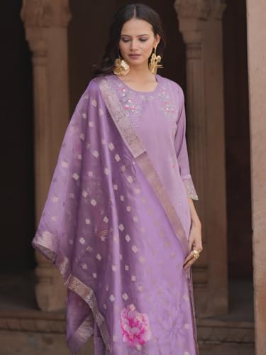 Image of VredeVogel Kurta Set with Dupatta | Viscose Rayon Embroidered Kurta Set for Women | Women's Ethnic Casual Kurti Set |Kurta Pant Festive Suit