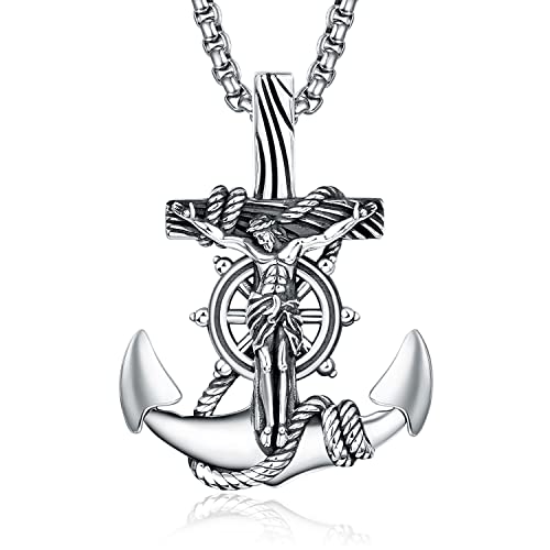 ADMETUS Men's Silver Anchor Crucifix Necklace
