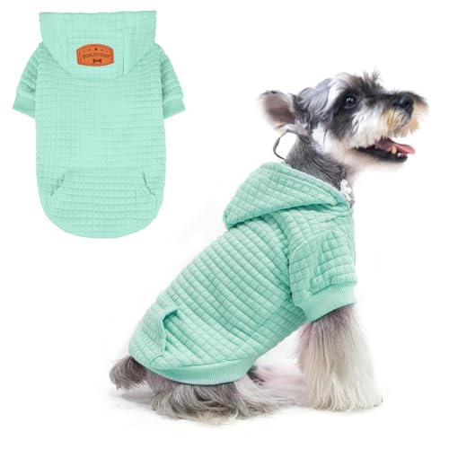 Image of BEAUTYZOO Small Dog Hoodie Sweater with Pockets, Dog Clothes for Small Medium Dogs Boy Girl, Waffle-Like Laminated Cotton Pet Coats with Hat and Leash Hole, Mint Green S