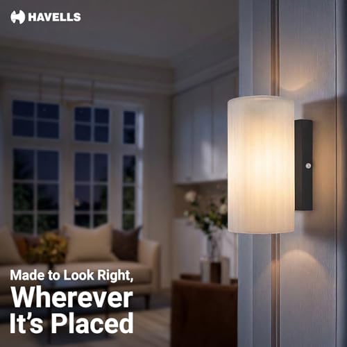 Image of Havells Aura Indoor Wall Light | Durable Cylindrical Frame & Ambient Glow Diffuser | B22 Holder Compatible | Elegant Lighting for Bedrooms, Living Rooms & Hallways