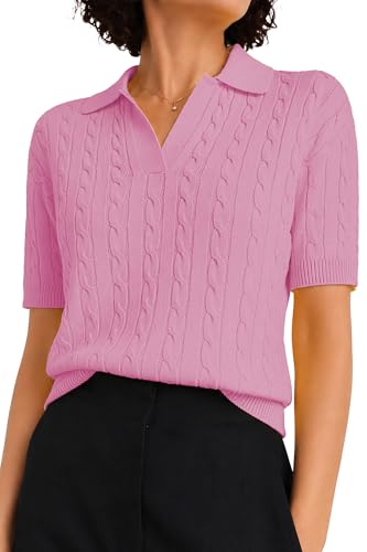 Image of QUALFORT Cable Knit Women's Short Sleeve Sweater Soft V Neck Polo Tops