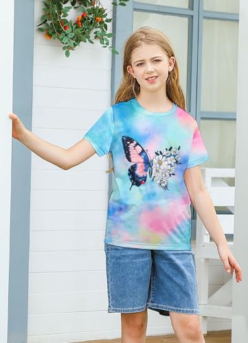 Image of SunFoucs Girls Kids Shirts Size 5-12 Tie Dye Casual Tshirt Short Sleeve Crewneck Tee Top | Short Sleeve Rainbow Tee Top