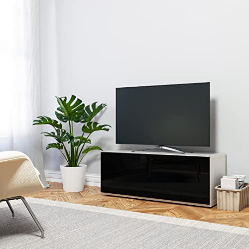 Image of SONOROUS ST-110 Premium TV Stand with White Glass & Black Wood Cover - Modern Entertainment Center & Media Console for Living Room - TV Cabinet up to 65 Inch with Hidden Wheels - Sleek Storage Design