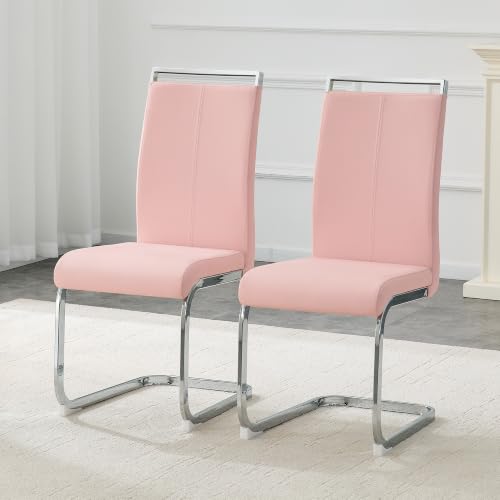 Image of Baysitone Modern Dining Chairs Set of 2, Side Dining Room Chairs, High Back Kitchen Chairs with Faux Leather Padded Seat for Dining Room,Kitchen, Living Room Pink