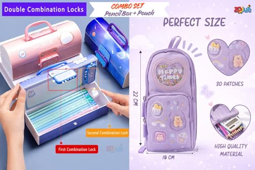 Image of Zqiue Luky Purple Password Lock Pencil Box & Happy Time Pencil Pouch Combo Set (Pack of 2) | Double Combination Lock Pencil Case | Cute Kawaii Large Capacity Stationery Organizer for Kids & Girls